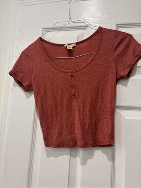 Bozzolo Rust Ribbed Scoop Neck Crop Top with Button Placket